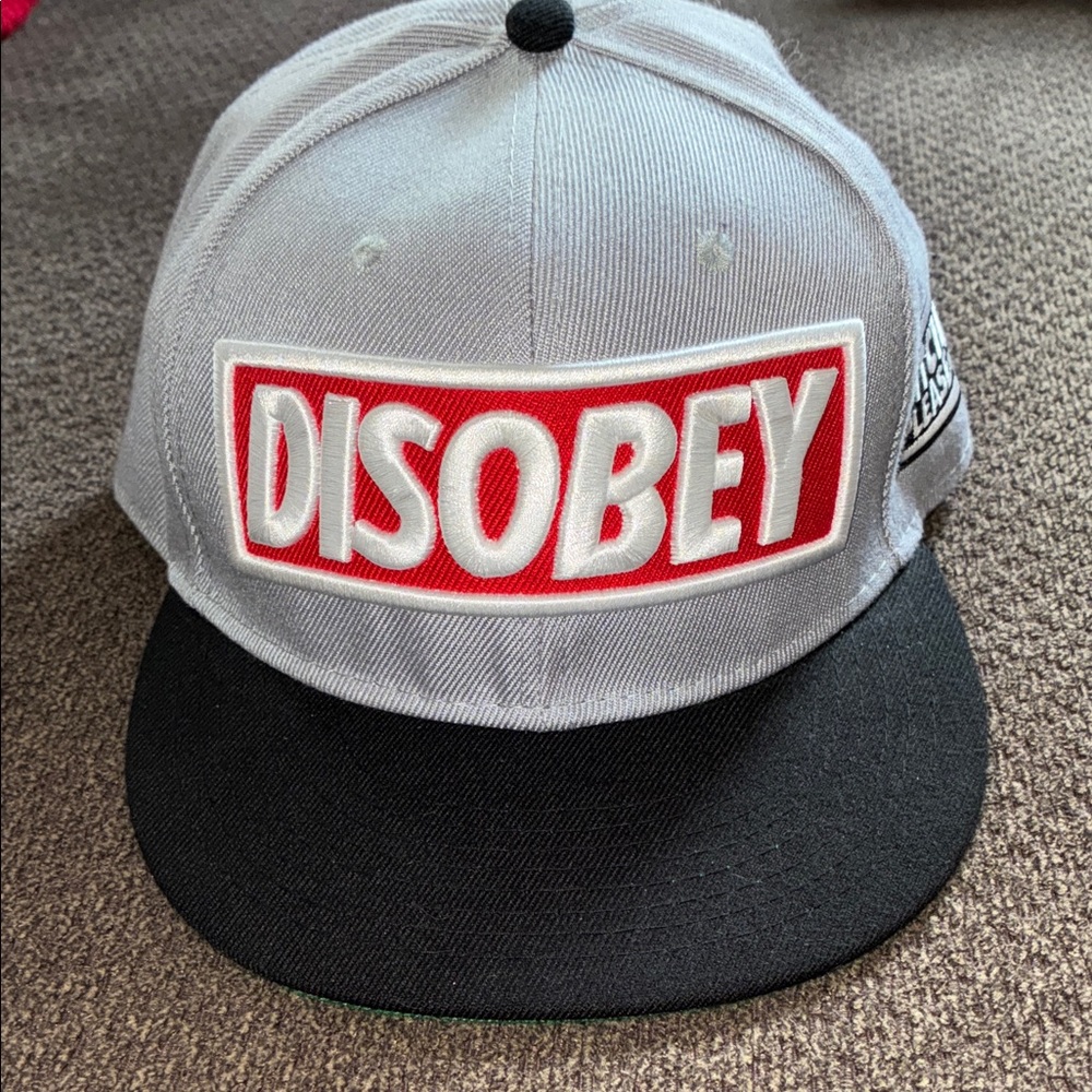 “DISOBEY" Gray & Black Flat Brim Adjustable Snapback Hat - One Size never used